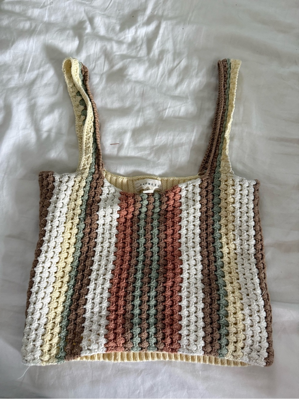 Promesa Crocheted Stripe Tank Top in Cream, Brown, Rust & Sage